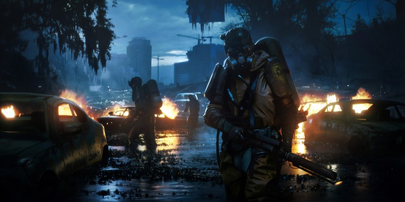 digital, digital art, artwork, apocalyptic, fire, vehicle, car, transport, dusk, dark, city, landscape, cityscape, building, architecture, modern, soldier, people, weapon, mask, gas masks, trees, ruins, ruin, environment, surreal, concept art, atmosphere, science fiction, biohazard, Flamethrower