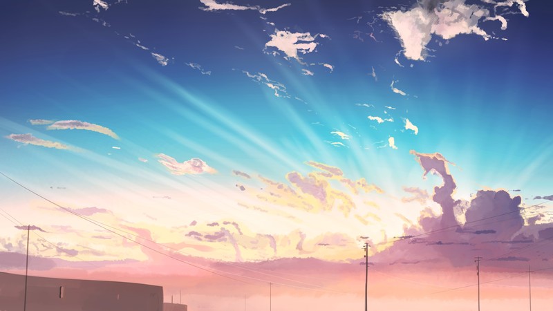 anime, sky, power lines, sunlight, outdoors, clouds