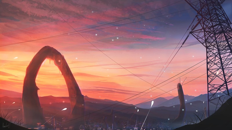 anime, power lines, sky, outdoors, landscape