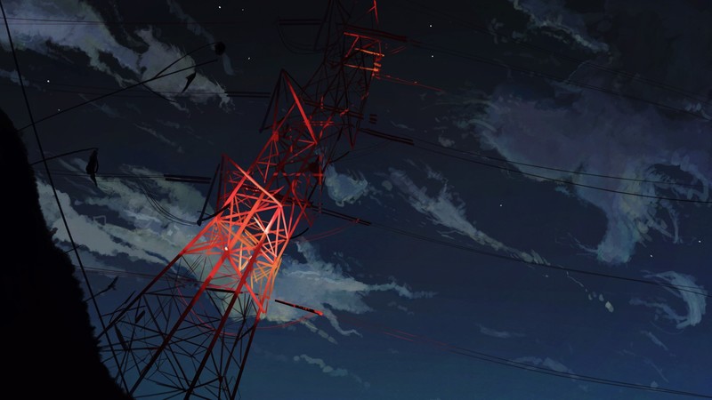 anime, power lines, sky, clouds, outdoors