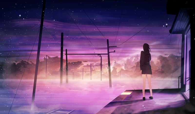 anime, anime girls, sky, power lines, standing, colorful, outdoors