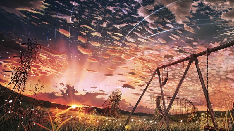 anime, digital, outdoors, sky, clouds, sunlight
