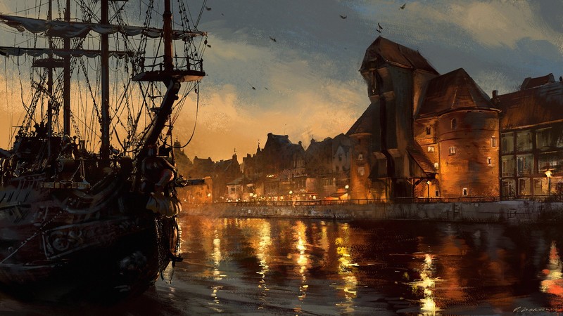 artwork, fantasy art, ship, sailing ship, digital art, Gdańsk, Poland, Darek Zabrocki