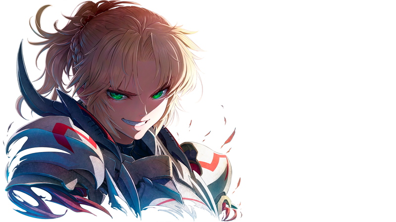 anime, manga, anime girls, looking at viewer, simple background, Fate Series, Fate/Grand Order, Mordred (Fate/Apocrypha), Fate/Apocrypha, armor, blonde, short hair, ponytail, green eyes, Smile