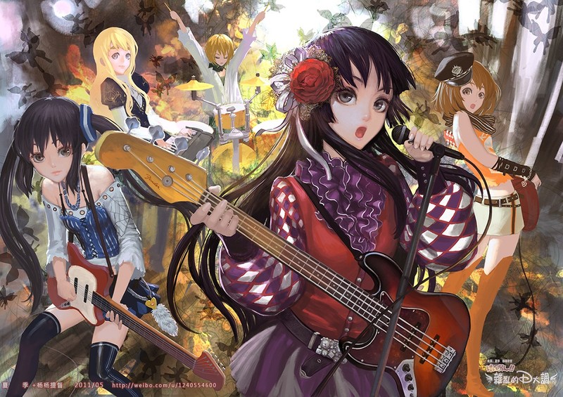 K-ON!, anime girls, black hair, long hair, ribbon, guitar, keyboards, bass guitars, drums, microphone, Akiyama Mio, Nakano Azusa, Kotobuki Tsumugi, Tainaka Ritsu, Hirasawa Yui