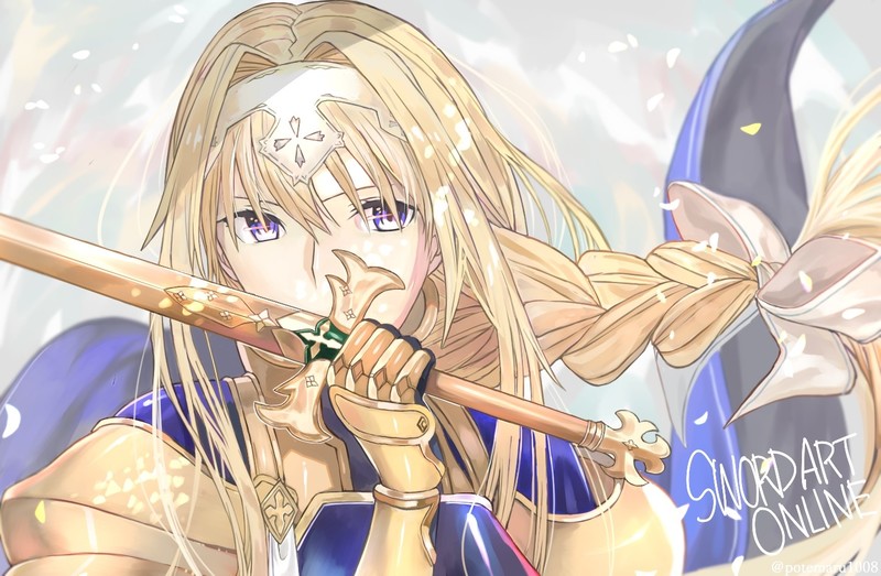 Sword Art Online, Sword Art Online Alicization, anime girls, long hair, blond hair, fantasy armor, fantasy weapon, Alice Schuberg, fan art, digital art, simple background