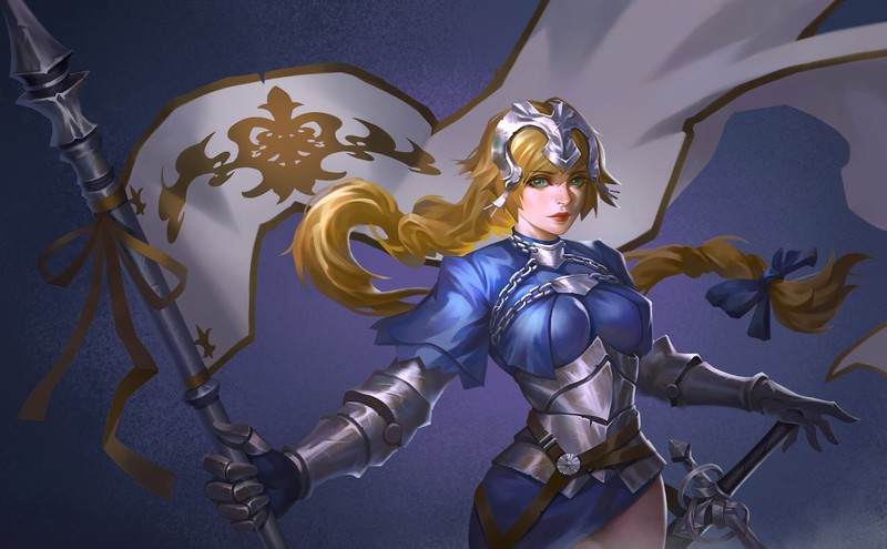 Fate Series, Fate/Apocrypha, anime girls, long hair, blond hair, big boobs, fantasy armor, fantasy weapon, braided hair, Ruler (Fate/Apocrypha), Jeanne dArc (Fate), green eyes, fan art, digital art, simple background