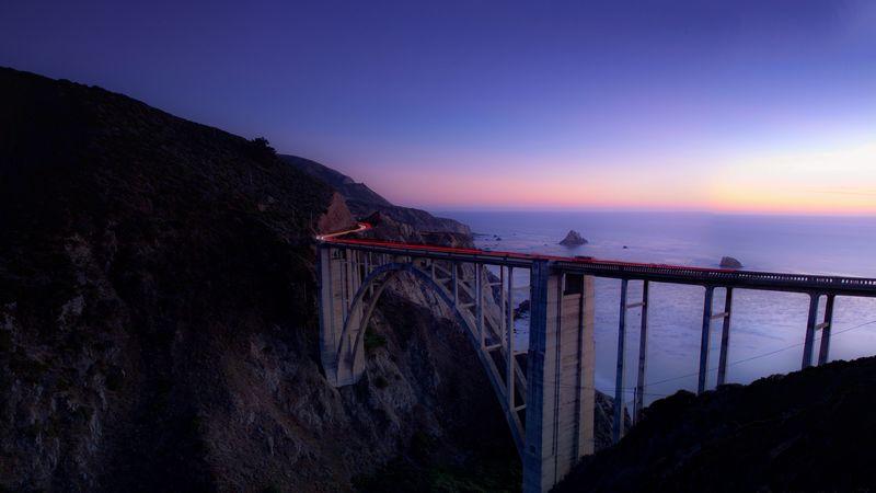 bridge, sea, cliff, lights, night, sky, long exposure, 4k