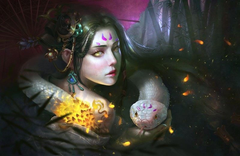 snake, animals, fantasy art, artwork, fantasy girl, yellow eyes, reptiles
