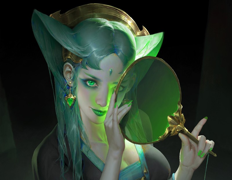 artwork, green eyes, fantasy art, green hair, fantasy girl