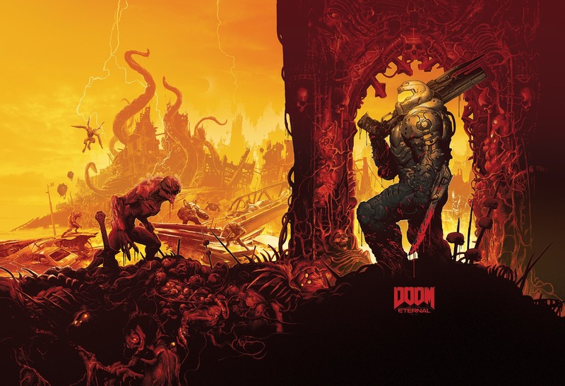 DOOM Eternal, artwork, digital art, video games, demon, lightning, Doom (game), hell, blood, machete