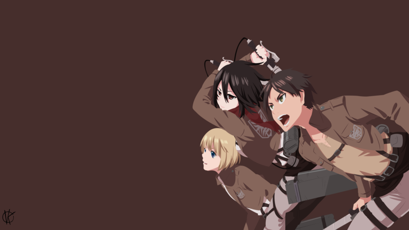 anime, anime girls, anime boys, Shingeki no Kyojin, Eren Jeager, Mikasa Ackerman, Armin Arlert, minimalism