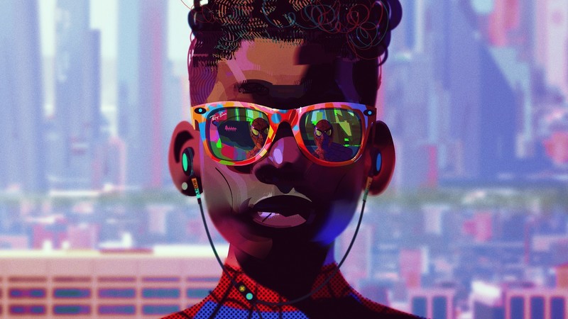 Spider-Man, Spider-Man: Into the Spider-Verse, Miles Morales, sunglasses, reflection, artwork, digital art, headphones, Ray-Ban