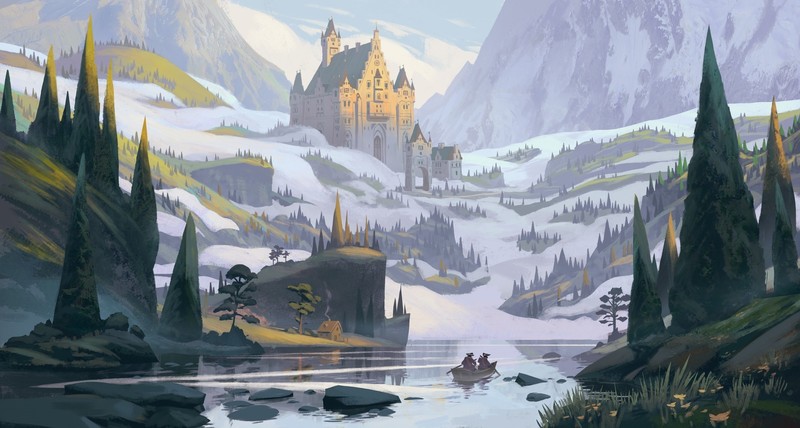 artwork, fantasy art, castle, snow, winter, mountains, cottage, river, rowboat
