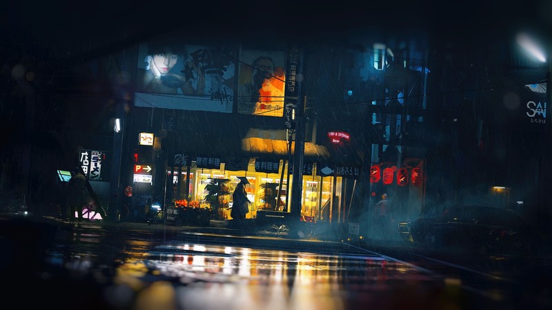 Asia, dark, city, night, artwork