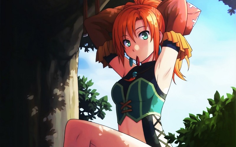 anime girls, women, redhead, blue eyes, arms up