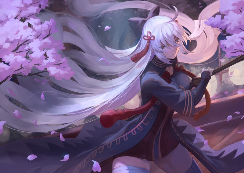 anime, anime girls, digital art, artwork, 2D, Okita Soji (Alter), Fate/Grand Order, portrait, FGO, trees, long hair, white hair, green eyes