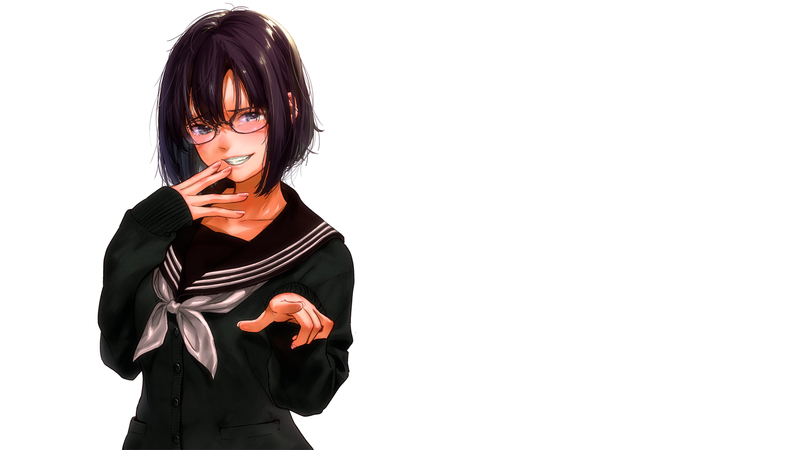 anime girls, simple background, looking at viewer, meganekko, schoolgirl, sailor uniform, Smile, tears, neckerchief, anime, manga