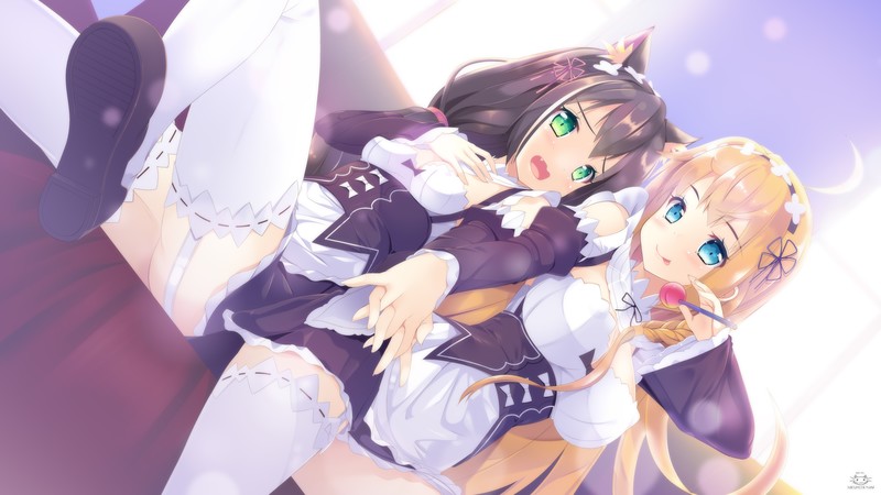anime, anime girls, digital art, artwork, portrait, Kyaru (Princess Connect), black hair, neko ears, animal ears, cat girl, open mouth, green eyes, blue eyes, blonde, maid, maid outfit, sky, long hair, Princess Connect