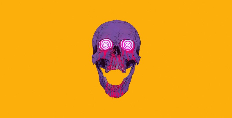 yellow background, skull, simple background, artwork, yellow