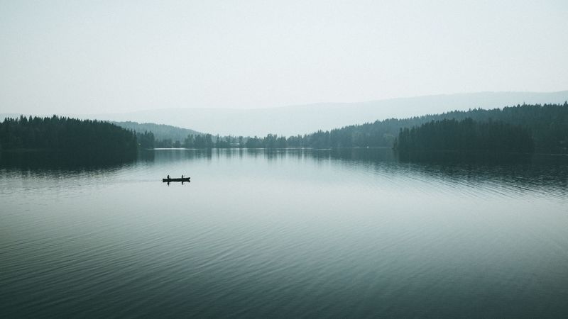 canoe, boat, lake, fog, silhouettes, 4k