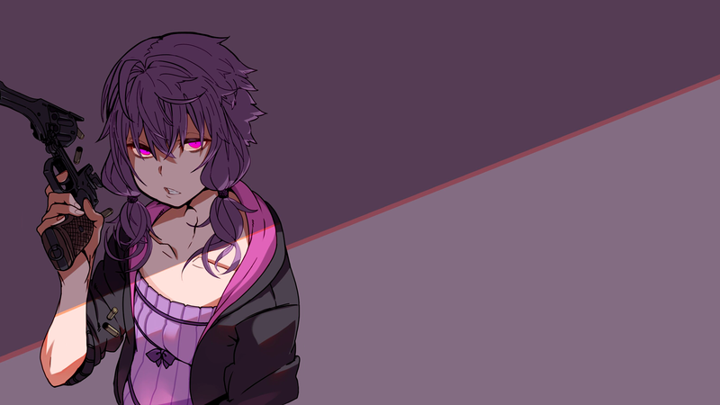 anime girls, simple background, looking at viewer, Yuzuki Yukari, purple, purple hair, pink eyes, revolver, pink, anime, manga