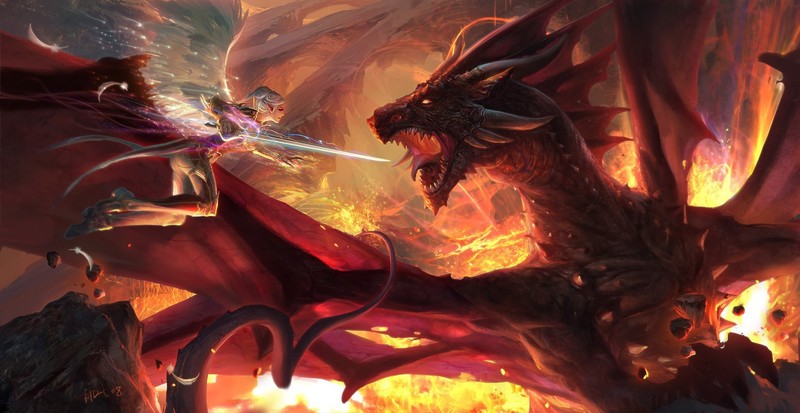 artwork, fantasy art, women, fantasy girl, dragon, sword, fire