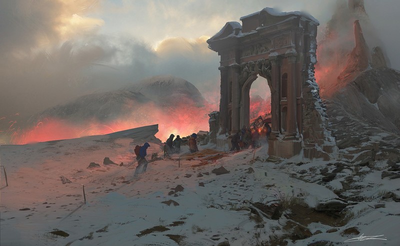 artwork, fantasy art, digital art, snow, mountains, climbing, volcano, lava, gates, arch
