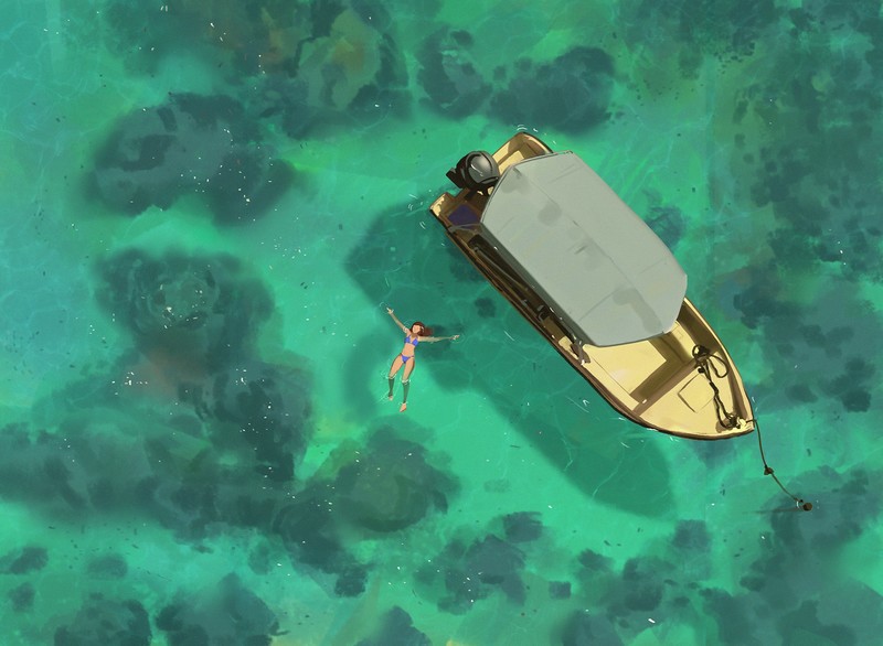 women, top view, aerial view, boat, swimwear, bikini, swimming, sea, in water, artwork, digital art, illustration, Atey Ghailan, original characters