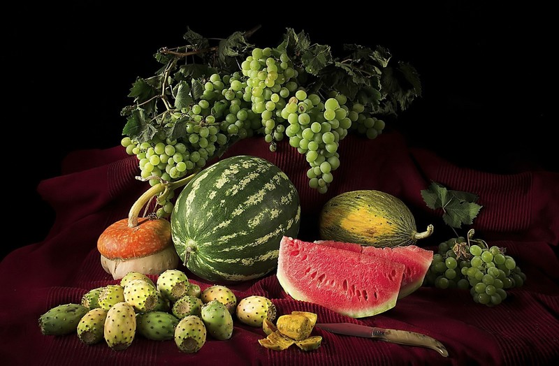 food, fruit, watermelons, grapes, berries, still life