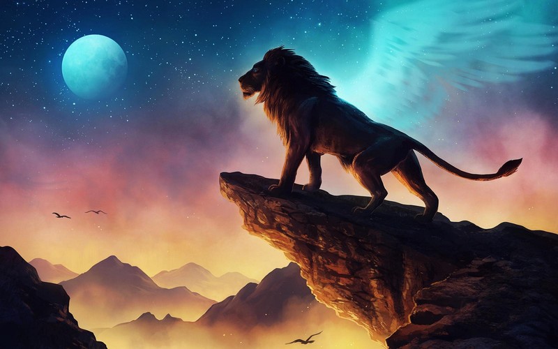 artwork, fantasy art, animals, lion, big cats, wings, Moon, stars, digital art, cyan