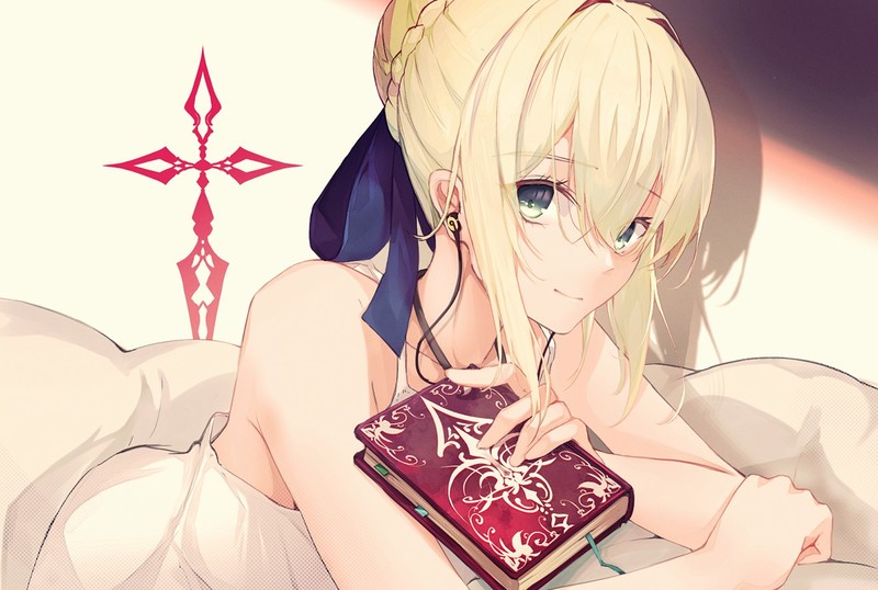Fate Series, Fate/Stay Night, anime girls, blond hair, white dress, white bed sheets, Saber, Arturia Pendragon, smiling, simple background