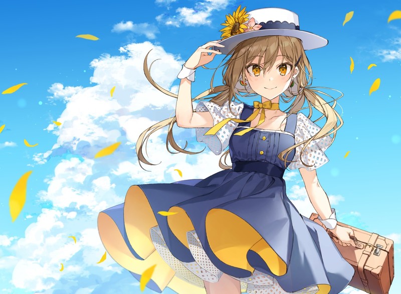 anime, anime girls, digital art, artwork, portrait, sky, original characters, clouds, hat, brunette, white hat, orange eyes, dress, arms up, smiling, blue dress, long hair, ponytail
