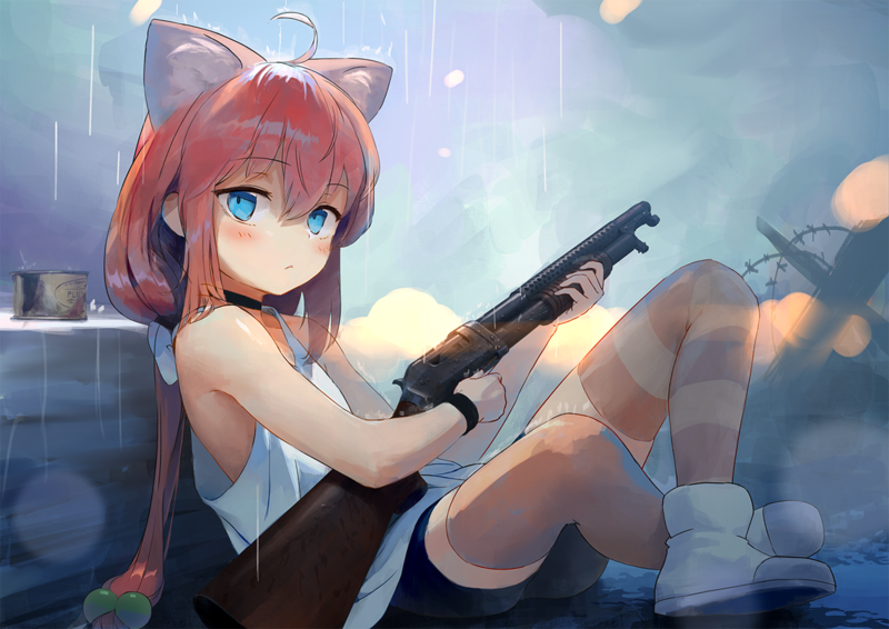 anime, anime girls, digital art, artwork, portrait, Nekomiya Hinata (Virtual YouTuber), shotgun, nekomimi, Virtual Youtuber, neko ears, cat girl, animal ears, blue eyes, redhead, long hair, weapon, rain, socks, striped socks