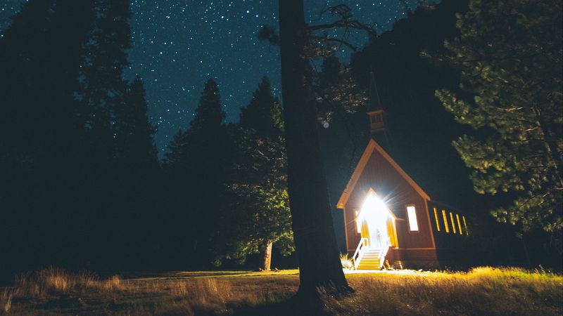 starry sky, house, forest, night, 4k
