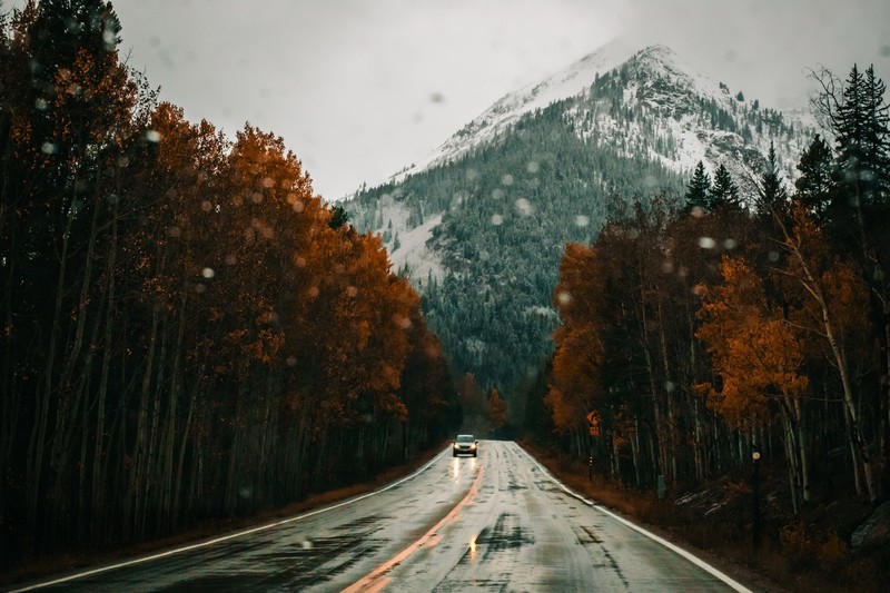 road, fall, car, trees, mountains, asphalt, rain