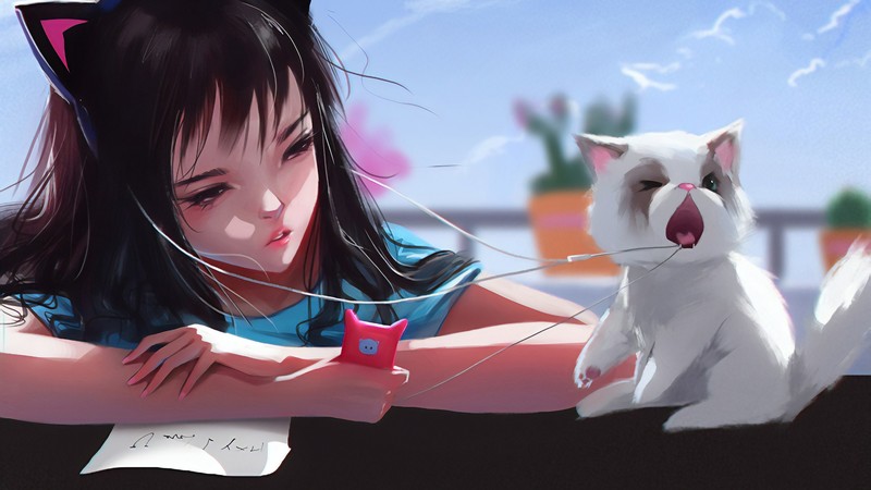 anime girls, cats, headphones, cat ears