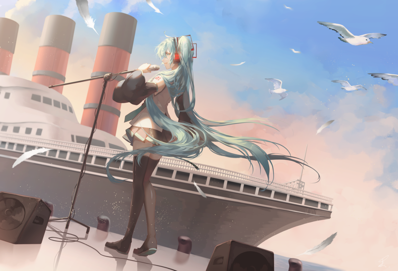 Hatsune Miku, Vocaloid, anime, anime girls, long hair, pigtails, headphones, profile, looking at viewer, shirt, miniskirt, knee-high boots, microphone, speakers, birds, feathers, ship, sky, artwork, drawing, digital art, illustration, 2D, fan art, Pixiv