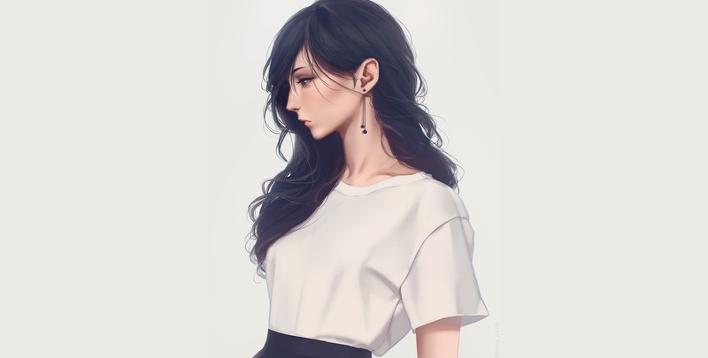 anime, anime girls, dark hair, face, profile, white background, simple background