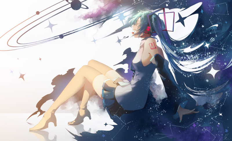 Hatsune Miku, Vocaloid, anime, anime girls, long hair, pigtails, headphones, microphone, profile, shirt, miniskirt, knee-high boots, sitting, surreal, space, planet, closed eyes, artwork, drawing, digital art, illustration, 2D, fan art, Pixiv, thigh-highs