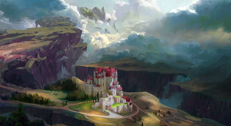 artwork, fantasy art, castle, landscape, mountains, clouds