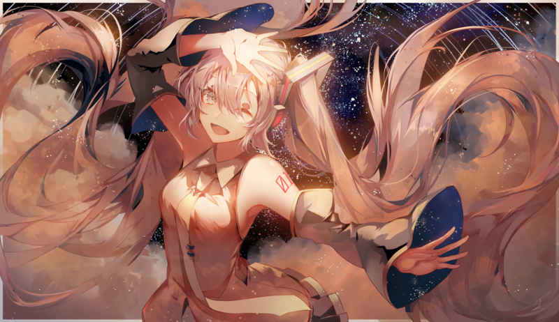 Hatsune Miku, Vocaloid, anime, anime girls, long hair, headphones, tie, stars, portrait, artwork, drawing, digital art, illustration, 2D, fan art, Pixiv