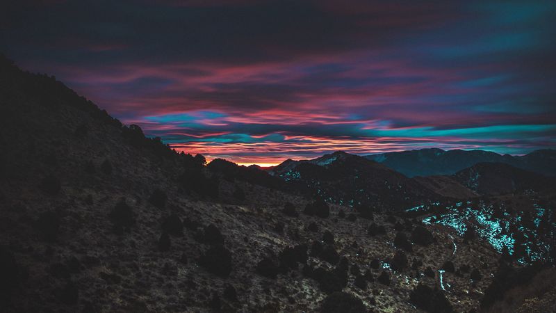 mountain, sky, sunset, dark, night, 4k