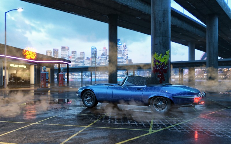 render, digital art, car, blue cars, vehicle, gas stations