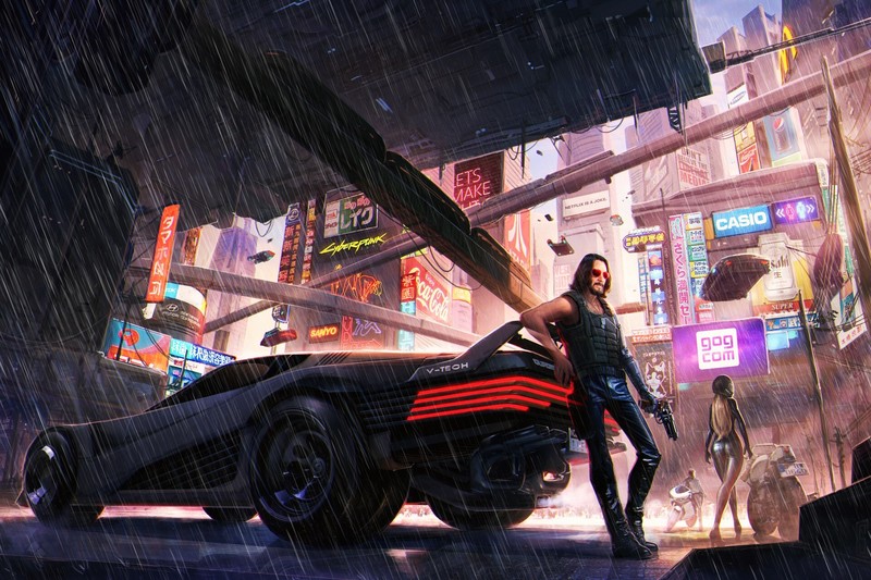 video games, Cyberpunk 2077, car, futuristic, vehicle, cyberpunk, Keanu Reeves, Johnny Silverhand, low-angle