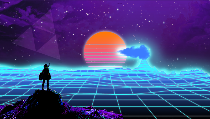 Zelda, Link, The Legend of Zelda, video games, Triforce, clouds, digital, Sun, blue, purple, Retrowave, cyan