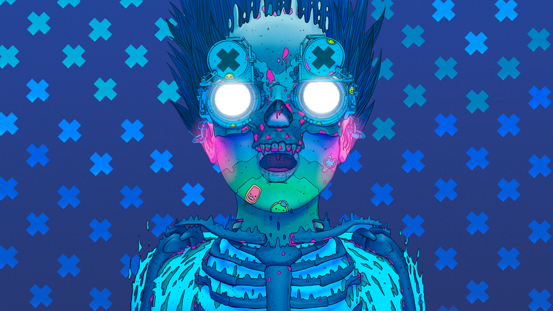 Nick Sullo, techno punk, cyberpunk, illustration, digital art, artwork, blue, blue background