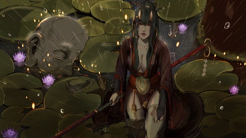 fantasy girl, fantasy art, artwork, demon horns, red eyes