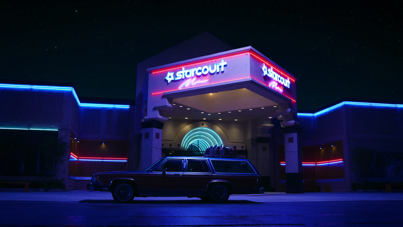 Stranger Things, starcourt, car, blue, shopping mall, night, dark, red, black, tv series, Netflix, neon