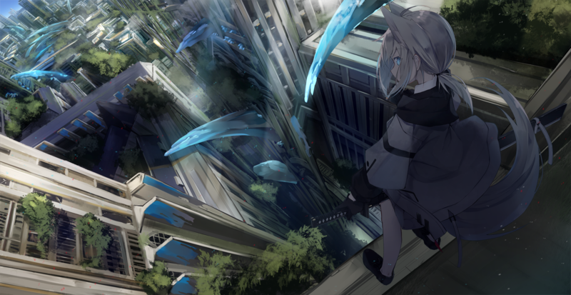 anime, anime girls, digital art, artwork, portrait, short hair, animal ears, neko ears, cat girl, white hair, blue eyes, katana, city, original characters, trees